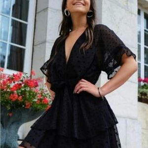 Zara Black Flutter Sleeve Plunge Mini Dress